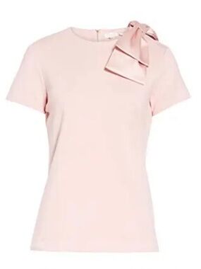 Ted Baker Thick Jersey Pale Pink Short Sleeve Top with Satin Shoulder Bow